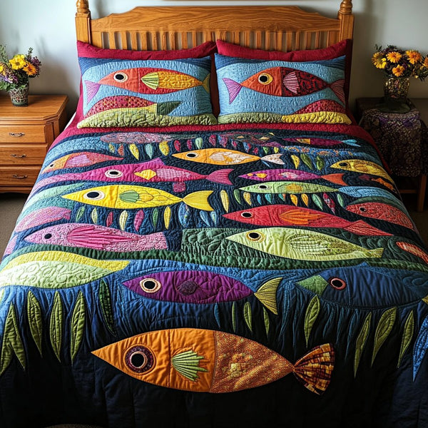 Fishy Fun quilted 3-piece bedding set on a made bed with two matching pillow shams