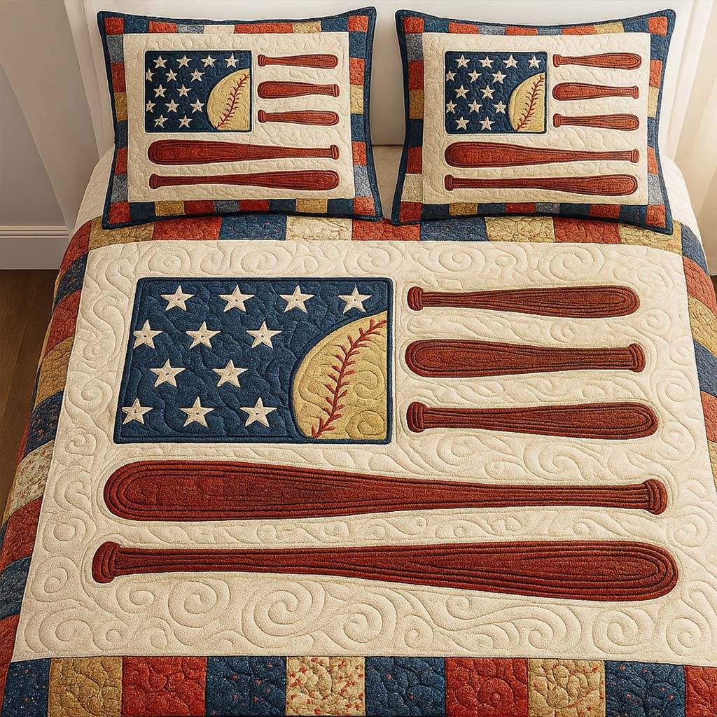 Flag and Bats quilted 3-piece bedding set on a made bed against a dark styled interior