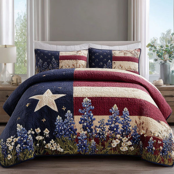 Flag Flowers quilted 3-piece bedding set on a made bed in a warmly lit bedroom