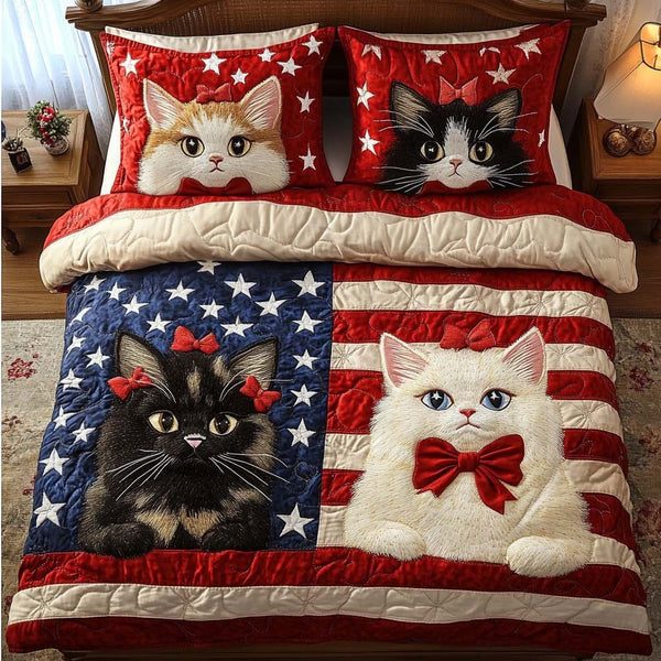 Flag Furballs quilted 3-piece bedding set on a made bed in a warmly lit bedroom
