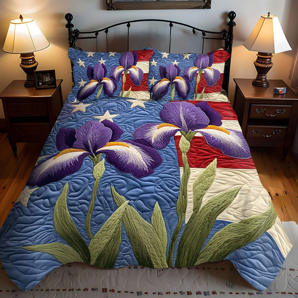 Flag of Petals quilted 3-piece bedding set on a made bed in a warmly lit bedroom