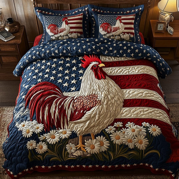Flag Rooster quilted 3-piece bedding set on a made bed in a warmly lit bedroom