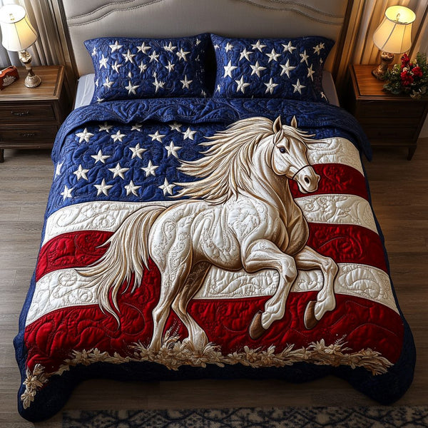 Flagged Steed quilted 3-piece bedding set on a made bed with two matching pillow shams