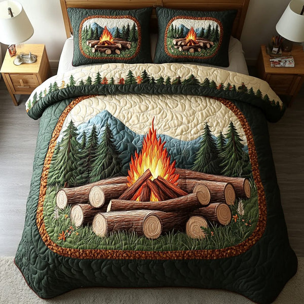 Flame Dance quilted 3-piece bedding set on a made bed with two matching pillow shams