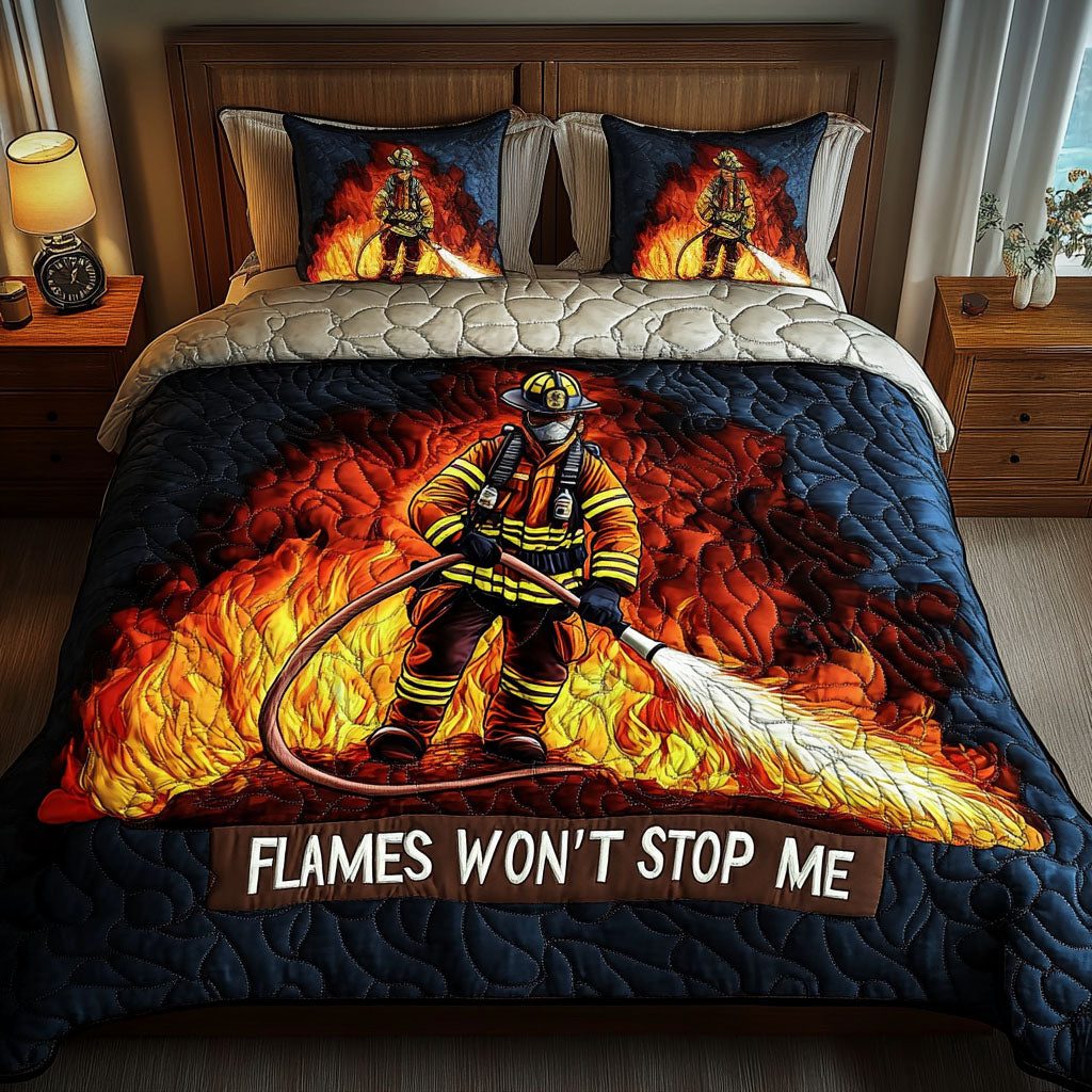Flame Fighter quilted 3-piece bedding set on a made bed with two matching pillow shams
