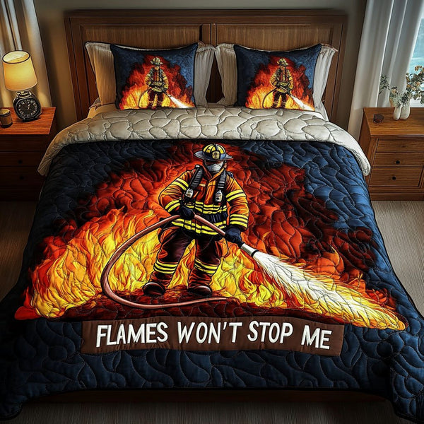 Flame Fighter quilted 3-piece bedding set on a made bed with two matching pillow shams