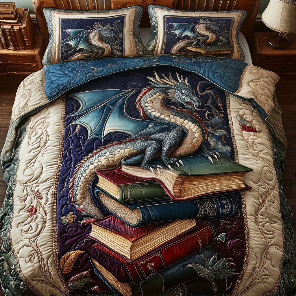 Flame of Knowledge quilted 3-piece bedding set on a made bed with two matching pillow shams
