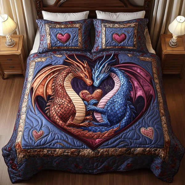 Flame of Love quilted 3-piece bedding set on a made bed with two matching pillow shams