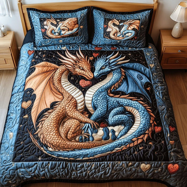 Flame of Love quilted 3-piece bedding set on a made bed with two matching pillow shams