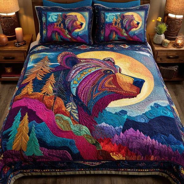 Flame Roar quilted 3-piece bedding set on a made bed with two matching pillow shams