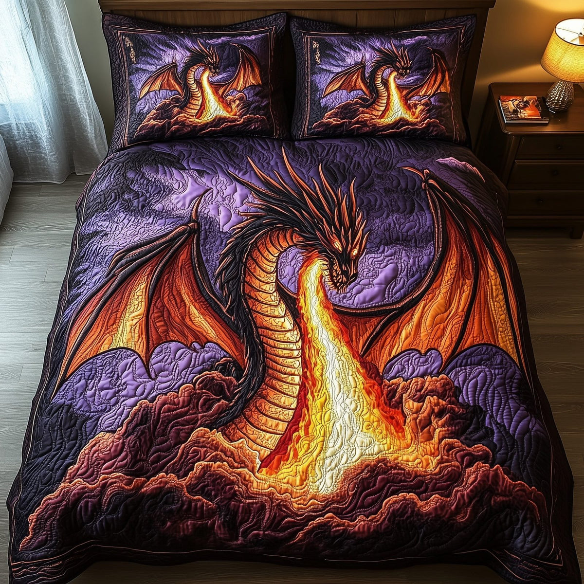 Flameborn Majesty quilted 3-piece bedding set on a made bed with two matching pillow shams