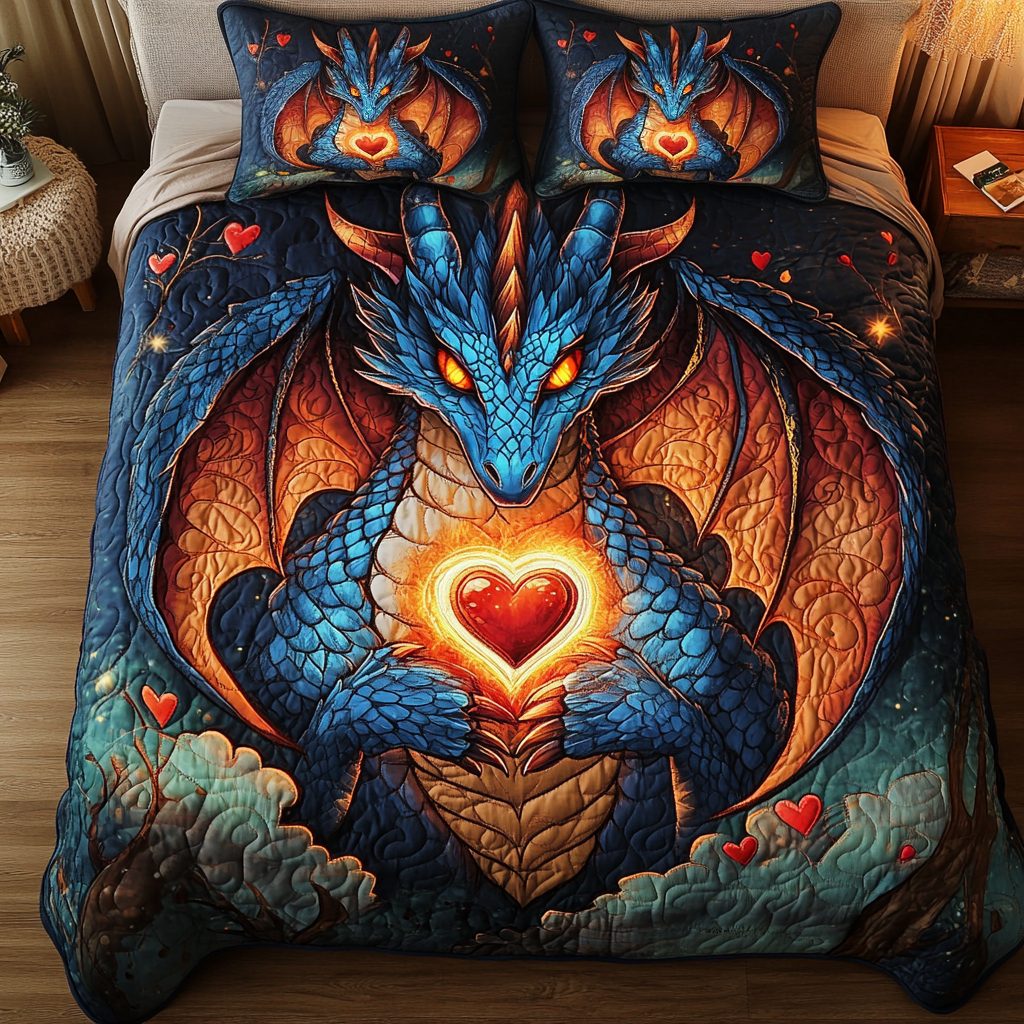 Flaming Heart Dragon quilted 3-piece bedding set on a made bed with two matching pillow shams
