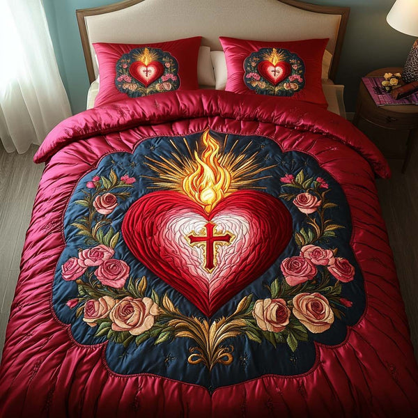 Flaming Heart Grace quilted 3-piece bedding set on a made bed with two matching pillow shams