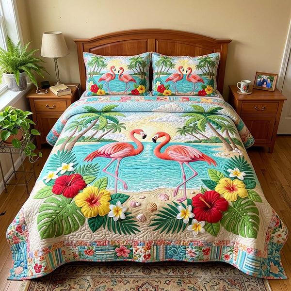 Flamingo Beach quilted 3-piece bedding set on a made bed in a light coastal bedroom