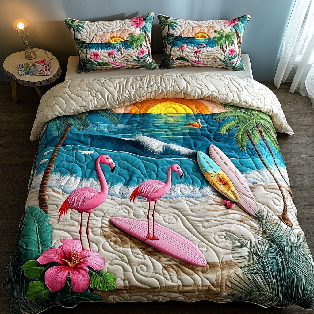 Flamingo Beach quilted 3-piece bedding set on a made bed in a light coastal bedroom