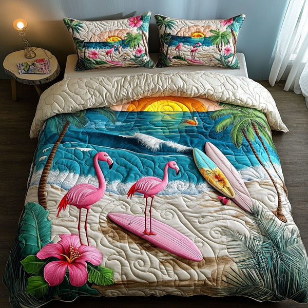 Flamingo Beach quilted 3-piece bedding set on a made bed in a light coastal bedroom