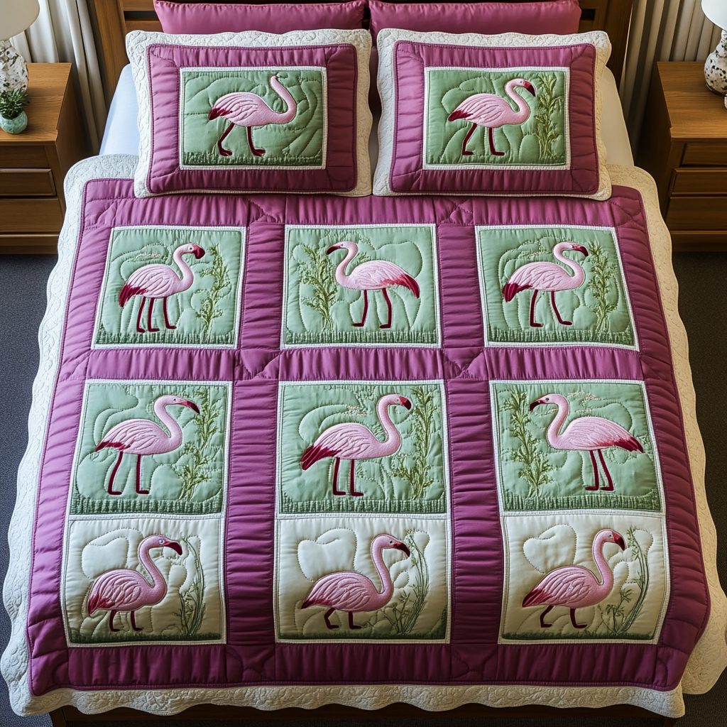 Flamingo Bliss quilted 3-piece bedding set on a made bed with two matching pillow shams