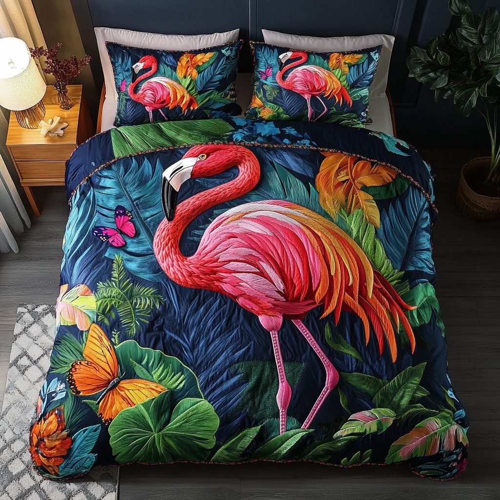 Flamingo Breeze quilted 3-piece bedding set on a made bed with two matching pillow shams