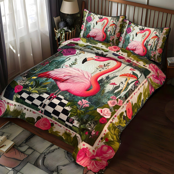 Flamingo Chic quilted 3-piece bedding set on a made bed with two matching pillow shams