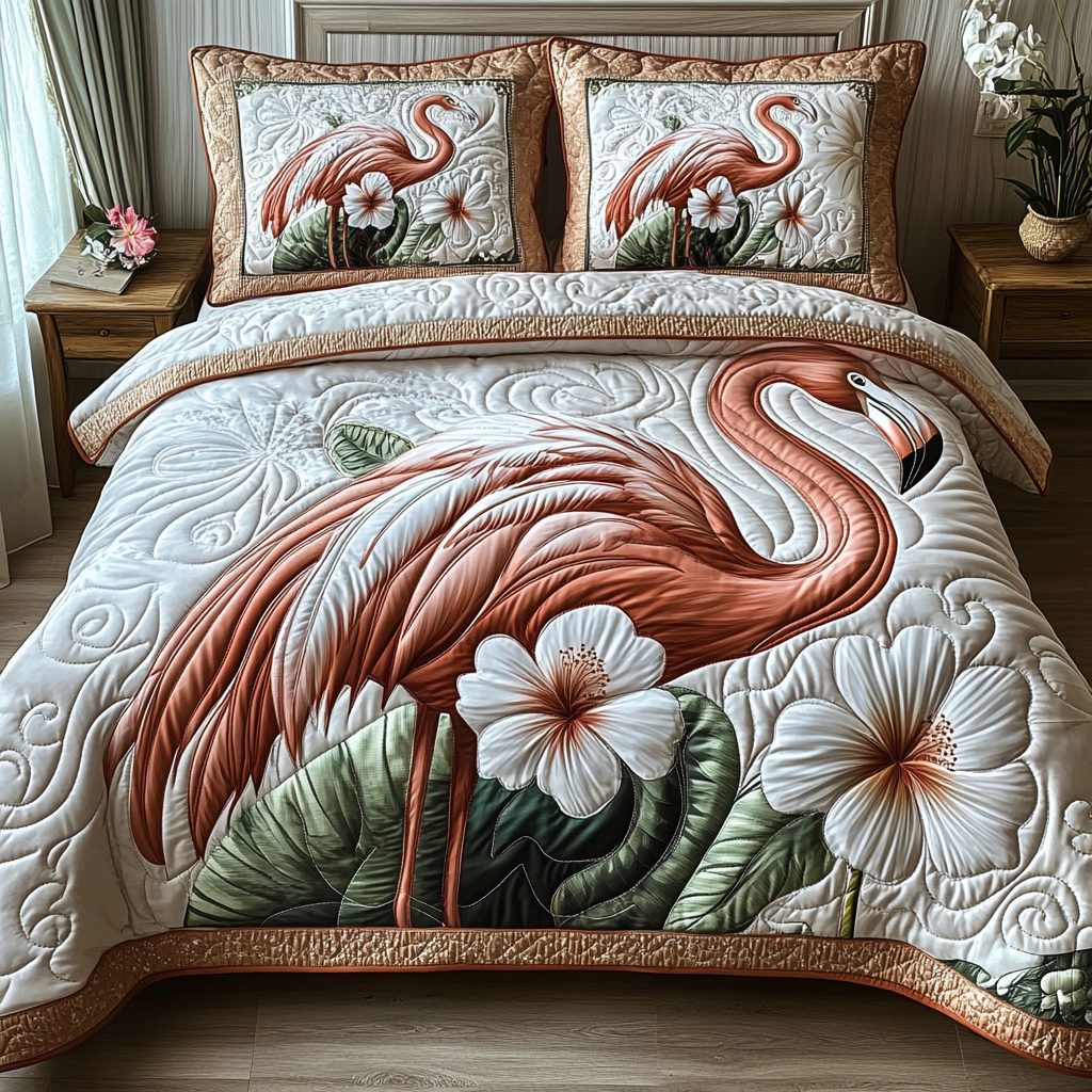 Flamingo Chill quilted 3-piece bedding set on a made bed with two matching pillow shams