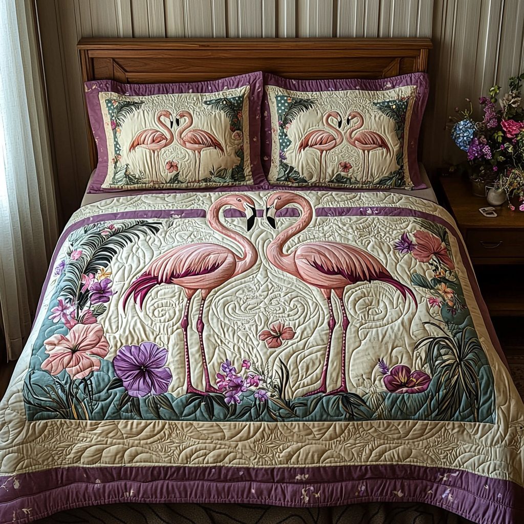Flamingo Couple quilted 3-piece bedding set on a made bed with two matching pillow shams