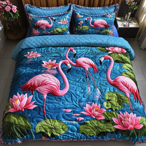 Flamingo Dance quilted 3-piece bedding set on a made bed with two matching pillow shams
