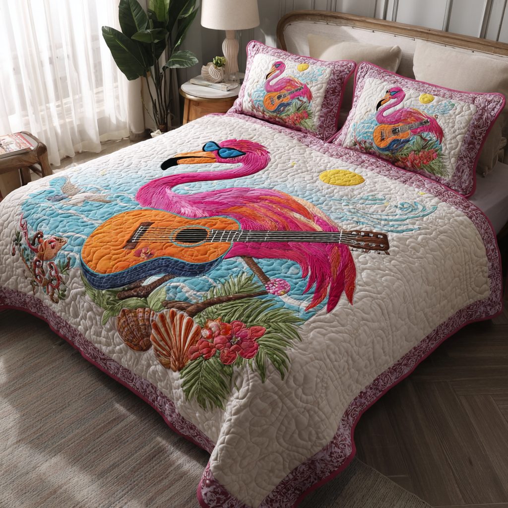 Flamingo Delight quilted 3-piece bedding set on a made bed with two matching pillow shams