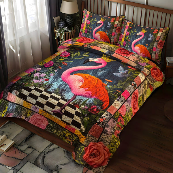 Flamingo Delight quilted 3-piece bedding set on a made bed with two matching pillow shams