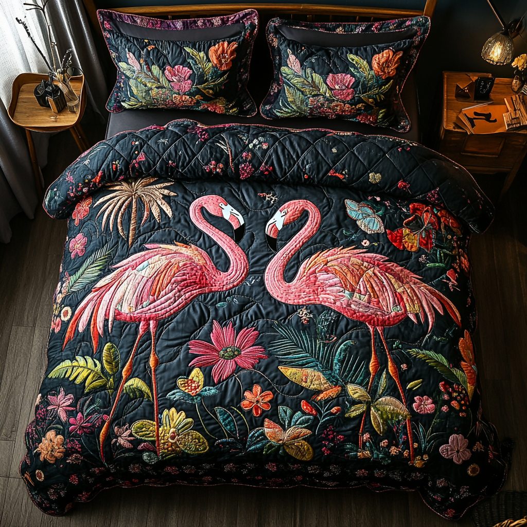 Flamingo Dreams quilted 3-piece bedding set on a made bed with two matching pillow shams