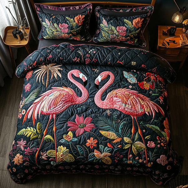 Flamingo Dreams quilted 3-piece bedding set on a made bed with two matching pillow shams