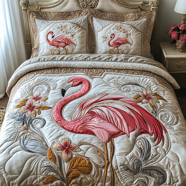 Flamingo Dreams quilted 3-piece bedding set on a made bed with two matching pillow shams