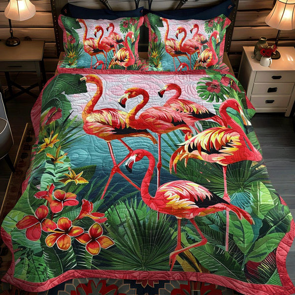 Flamingo Dreams quilted 3-piece bedding set on a made bed with two matching pillow shams