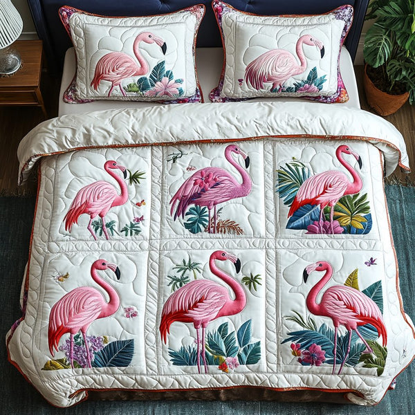 Flamingo Dreams quilted 3-piece bedding set on a made bed with two matching pillow shams