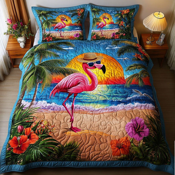 Flamingo Dreamscape quilted 3-piece bedding set on a made bed with two matching pillow shams