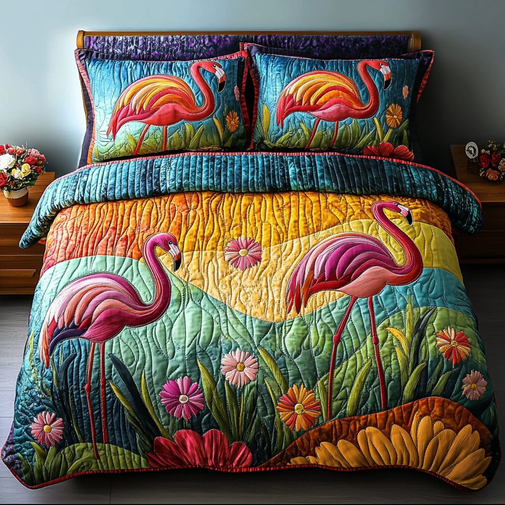 Flamingo Escape quilted 3-piece bedding set on a made bed with two matching pillow shams