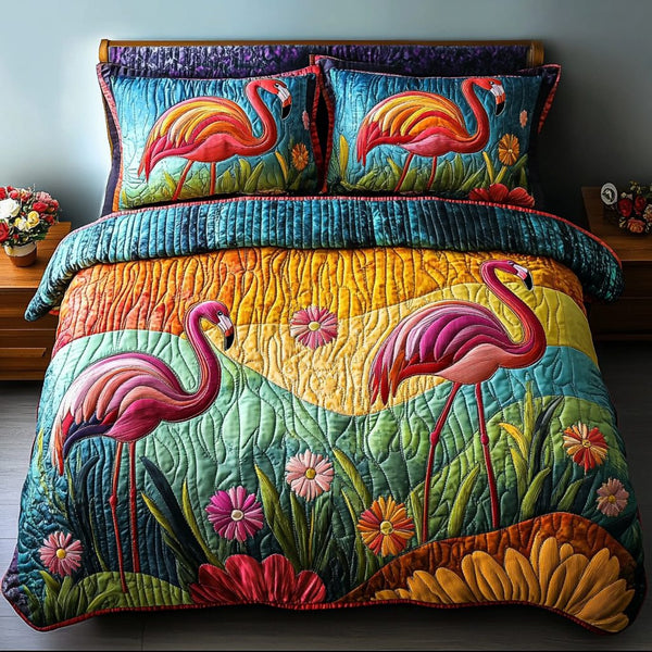Flamingo Escape quilted 3-piece bedding set on a made bed with two matching pillow shams