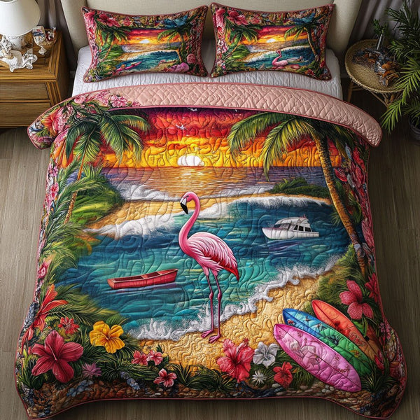 Flamingo Escape quilted 3-piece bedding set on a made bed with two matching pillow shams
