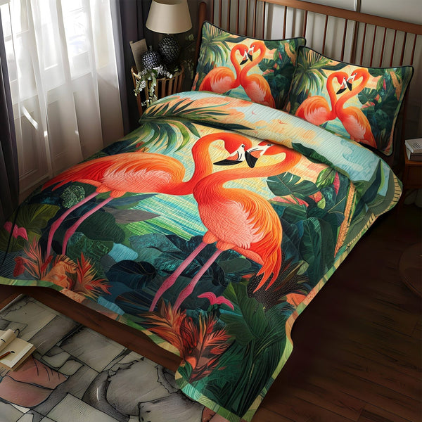 Flamingo Fancy quilted 3-piece bedding set on a made bed with two matching pillow shams