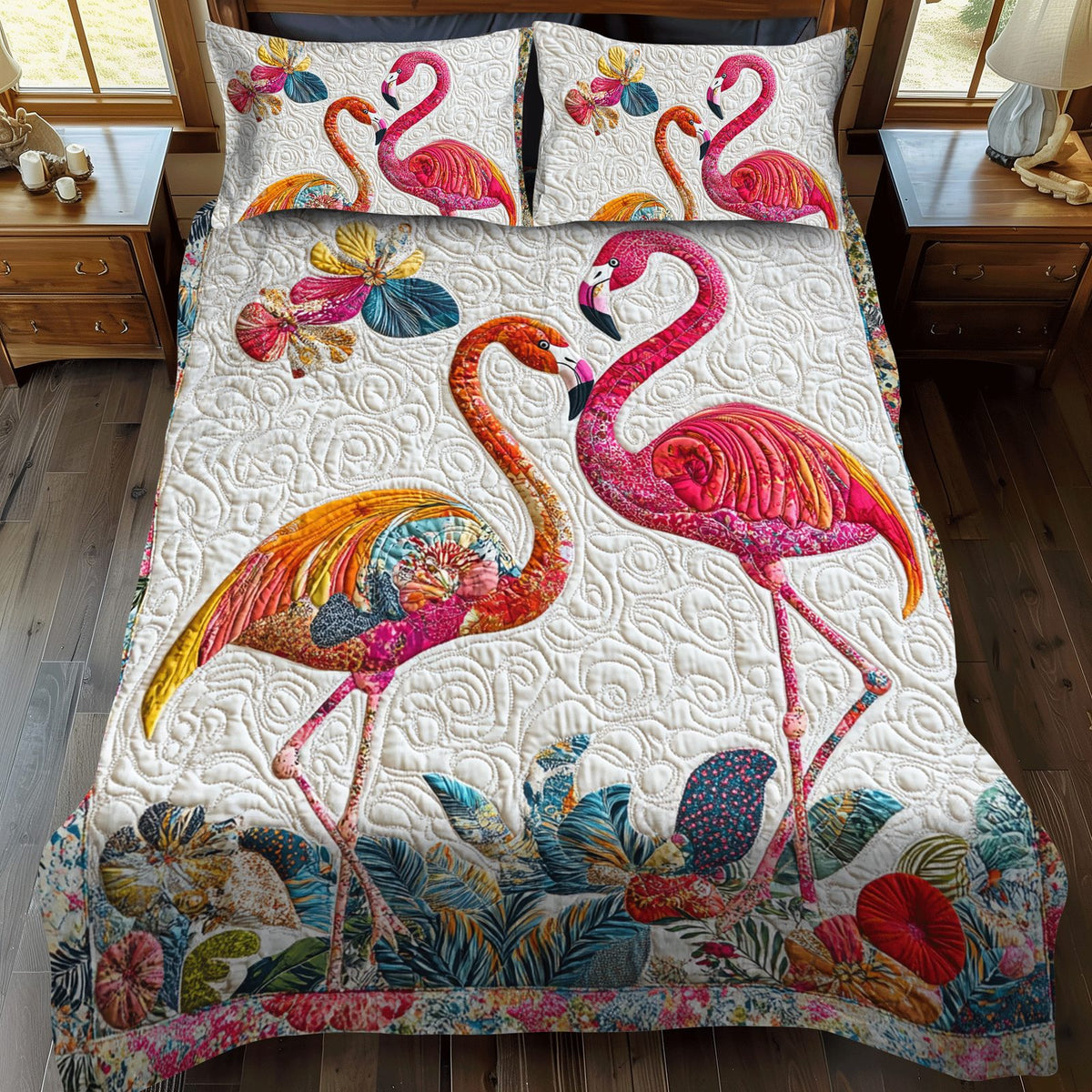 Flamingo Fantasy quilted 3-piece bedding set on a made bed with two matching pillow shams