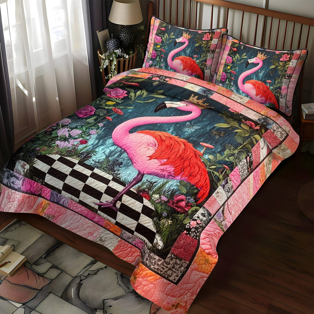 Flamingo Fest quilted 3-piece bedding set on a made bed with two matching pillow shams