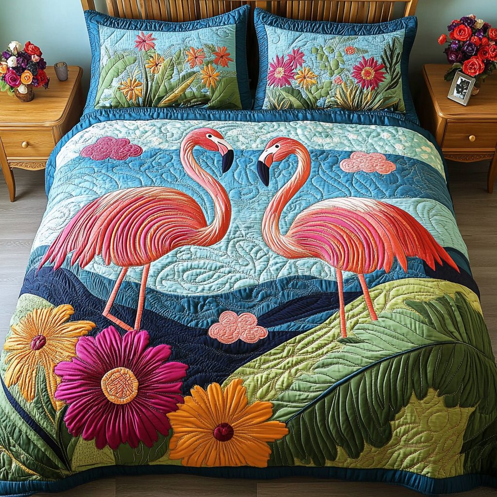 Flamingo Flock quilted 3-piece bedding set on a made bed with two matching pillow shams