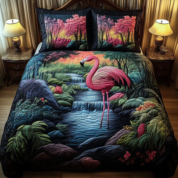 Flamingo Forest quilted 3-piece bedding set on a made bed with two matching pillow shams