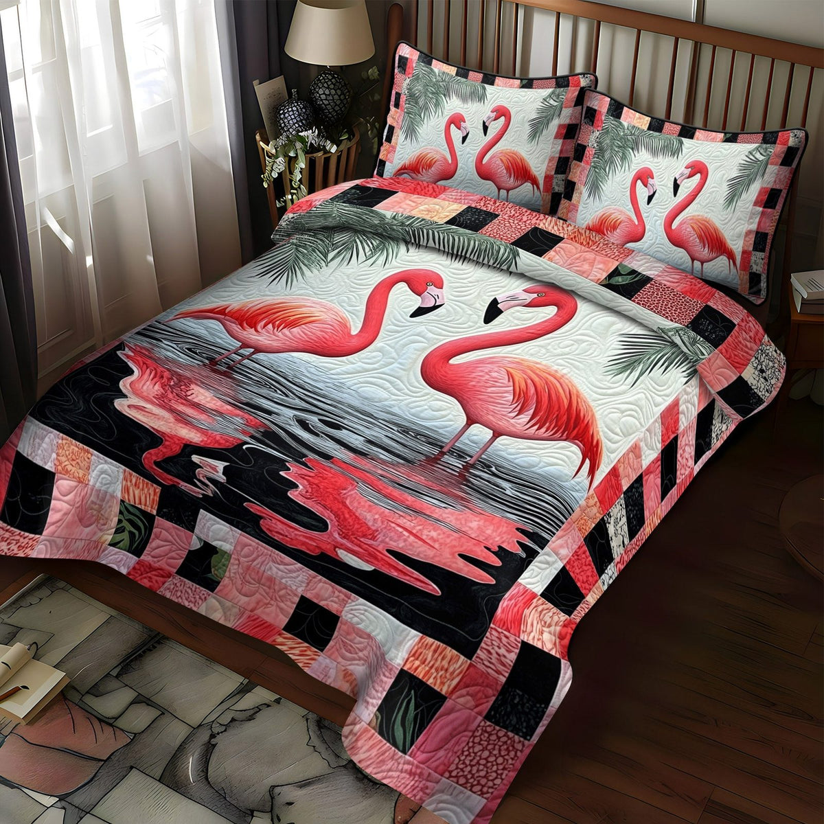 Flamingo Gala quilted 3-piece bedding set on a made bed with two matching pillow shams
