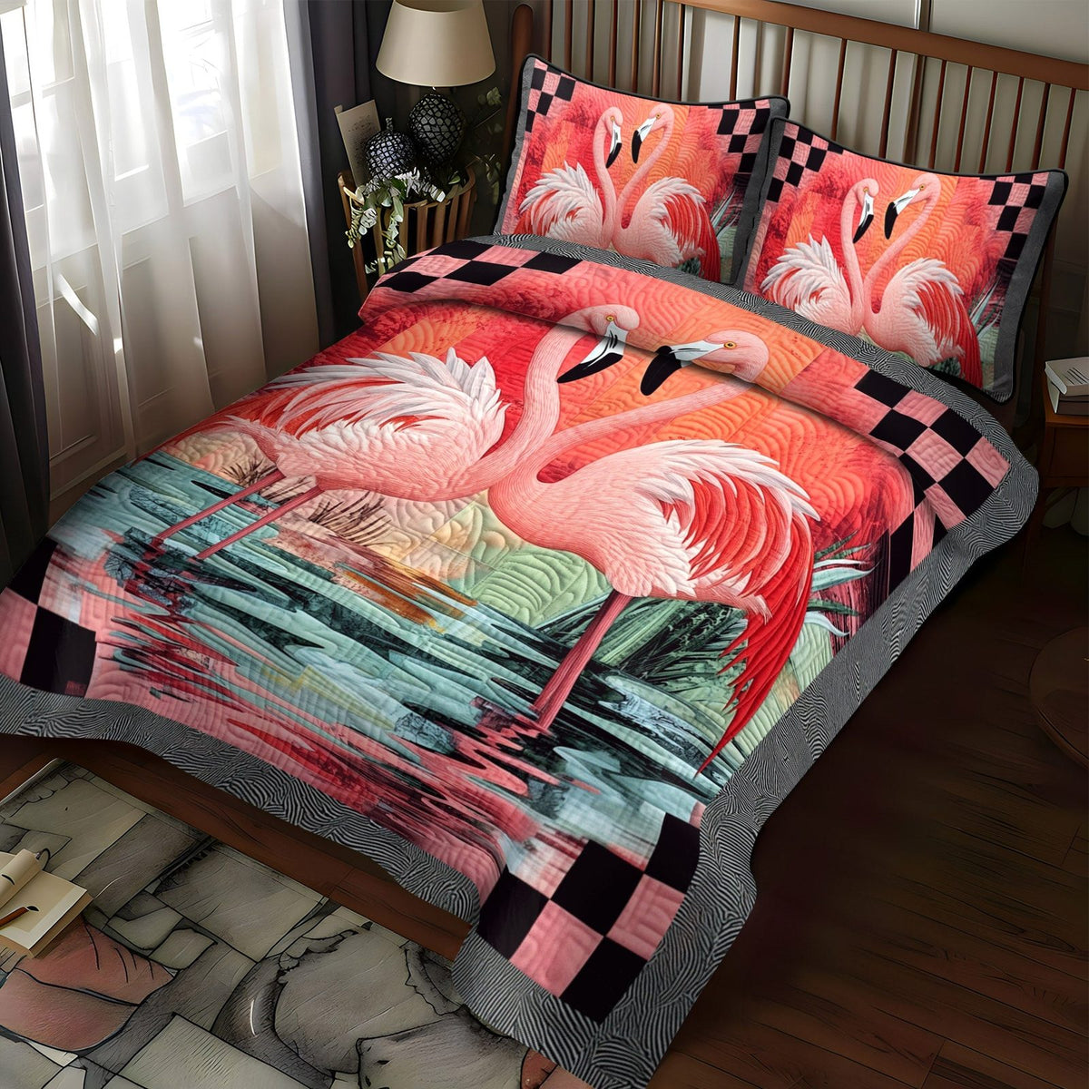 Flamingo Glam quilted 3-piece bedding set on a made bed with two matching pillow shams