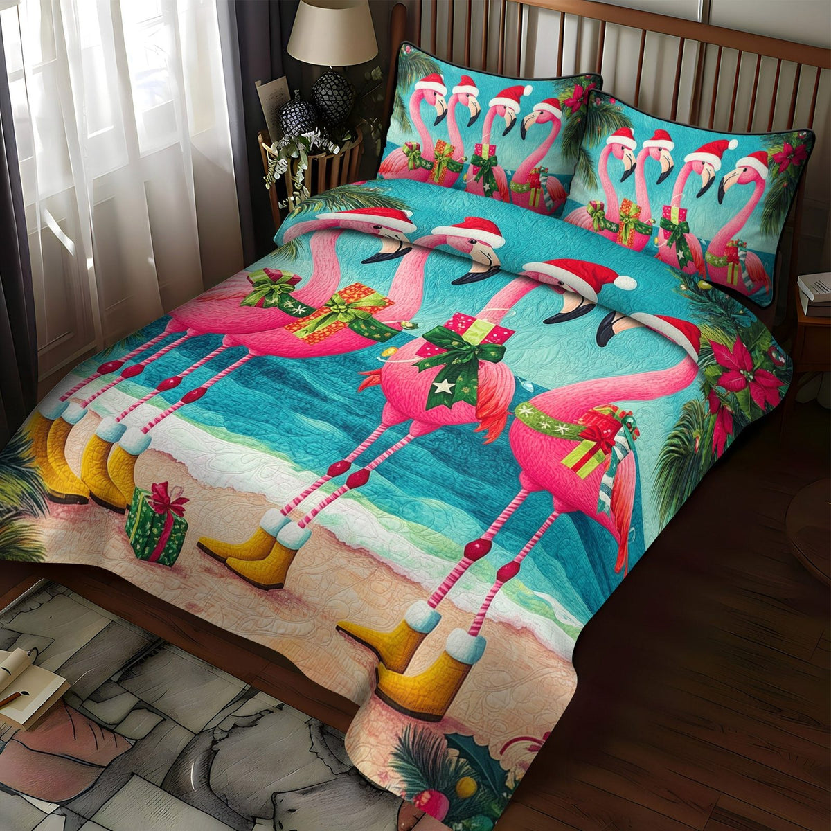 Flamingo Gleam quilted 3-piece bedding set on a made bed with two matching pillow shams