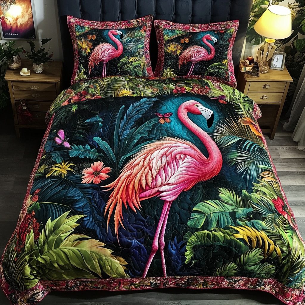 Flamingo Glow quilted 3-piece bedding set on a made bed with two matching pillow shams