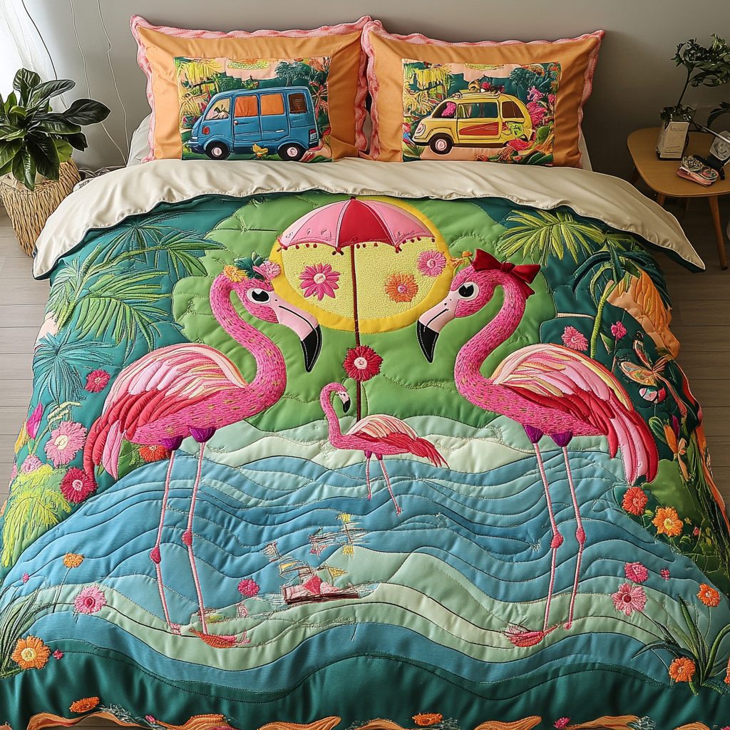 Flamingo Glow quilted 3-piece bedding set on a made bed with two matching pillow shams