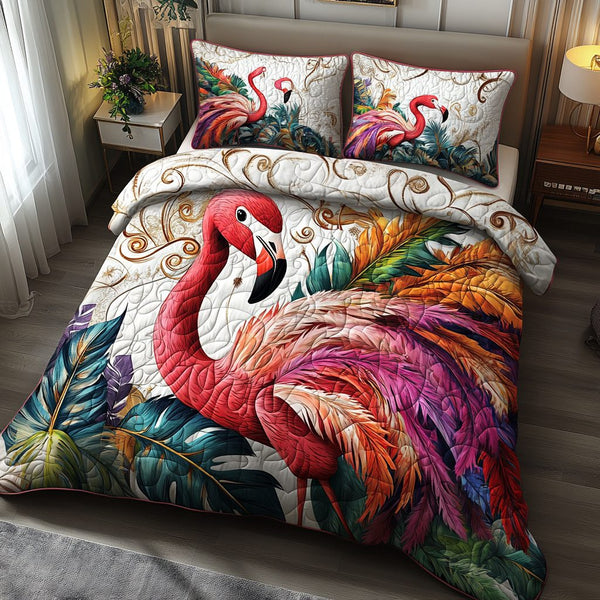 Flamingo Glow quilted 3-piece bedding set on a made bed with two matching pillow shams