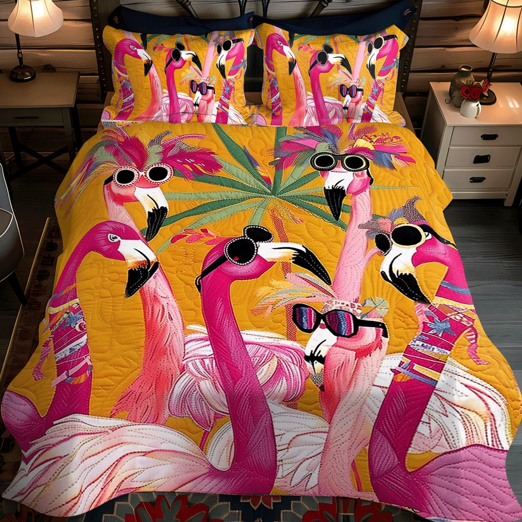 Flamingo Glow quilted 3-piece bedding set on a made bed with two matching pillow shams