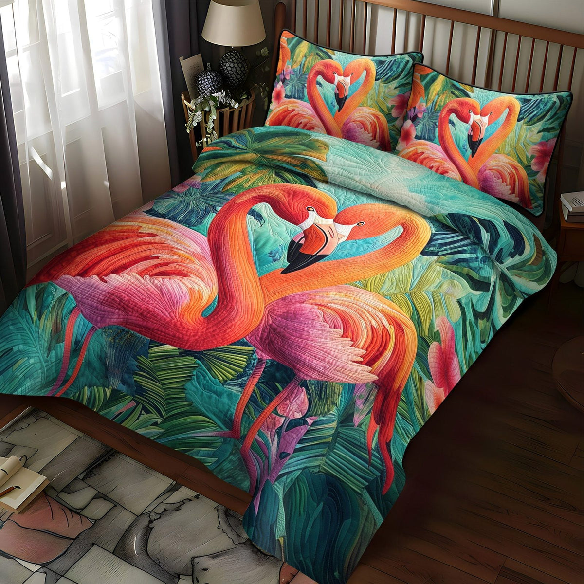 Flamingo Glow quilted 3-piece bedding set on a made bed with two matching pillow shams